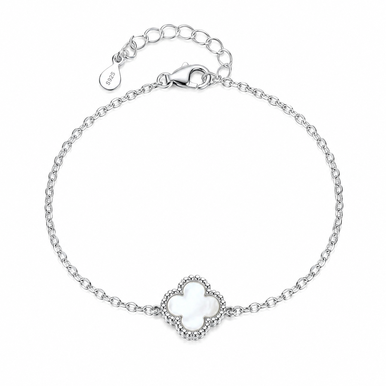 Brățară din Argint 925 „Trifoiul Regal” cu Sidef Alb – Model Elegant inspirat Van Cleef, Reglabilă 16+5 cm.  BD231