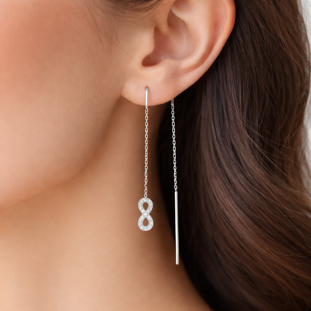 Cercei Lungi Tip Threader din Argint 925 cu Simbol Infinit și Zirconii – Eleganță Minimalistă Premium, 7.5 cm, Infinity Earrings Romania. CD626