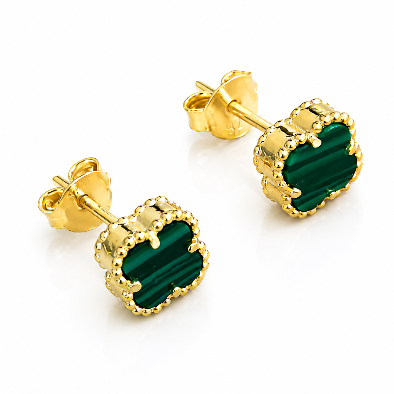 Cercei Delicate Clover din Argint 925 Placat cu Aur 14K și Malachit Verde Natural, Model Tip Van Cleef, 6 mm. CD425