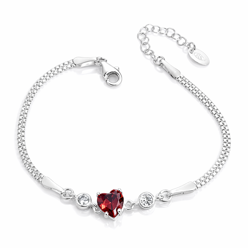Bratara din Argint 925 cu Inima Rosie 8 mm si Cristale Zirconia – Lant Dublu Reglabil 17+3 cm. BD412