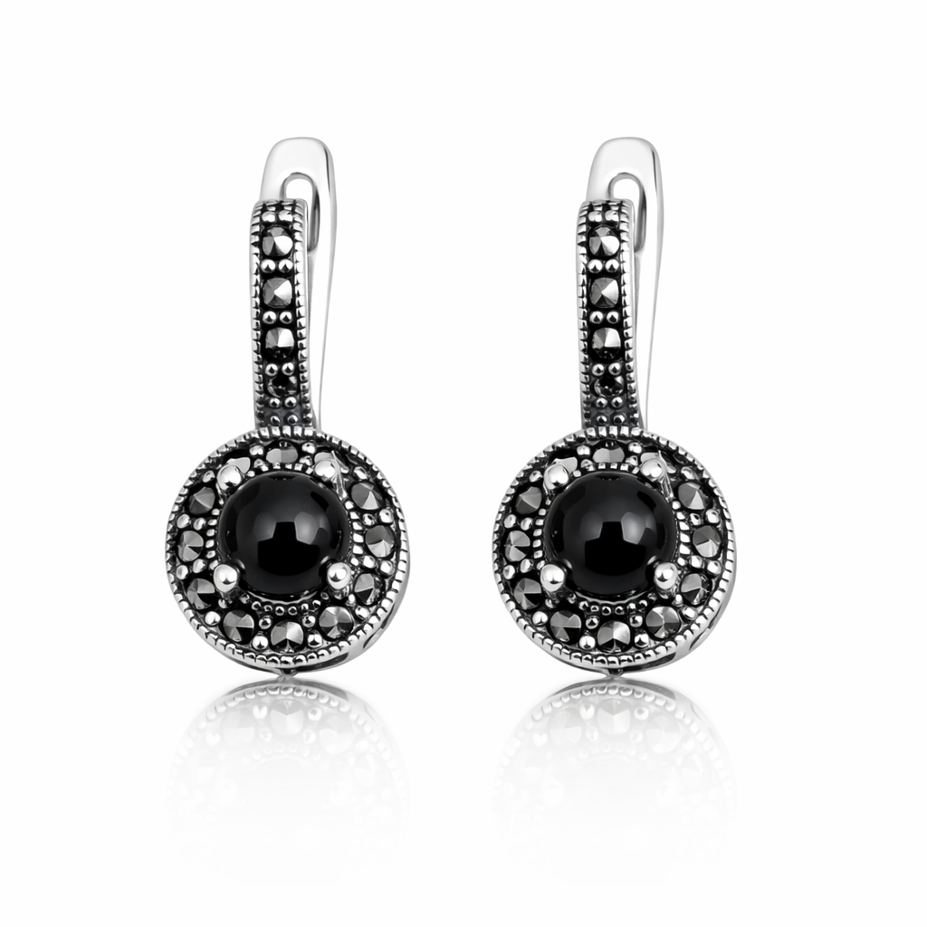Cercei din Argint 925 cu Onyx Negru și Marcasite – Design Elegant Vintage, 23 mm. CD570