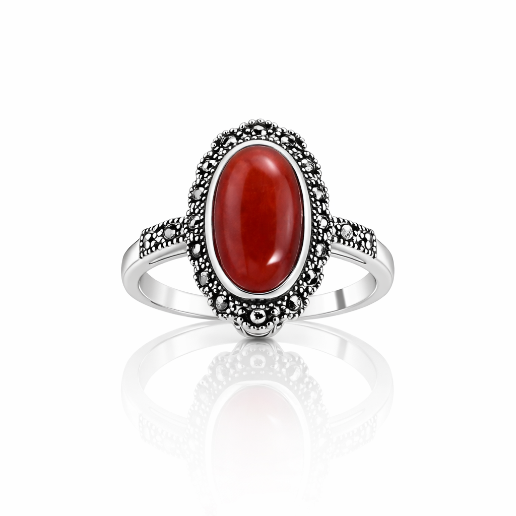 Inel Argint 925 cu Carneol Natural și Marcasite – Design Vintage Elegant, 4.9 g. ID503