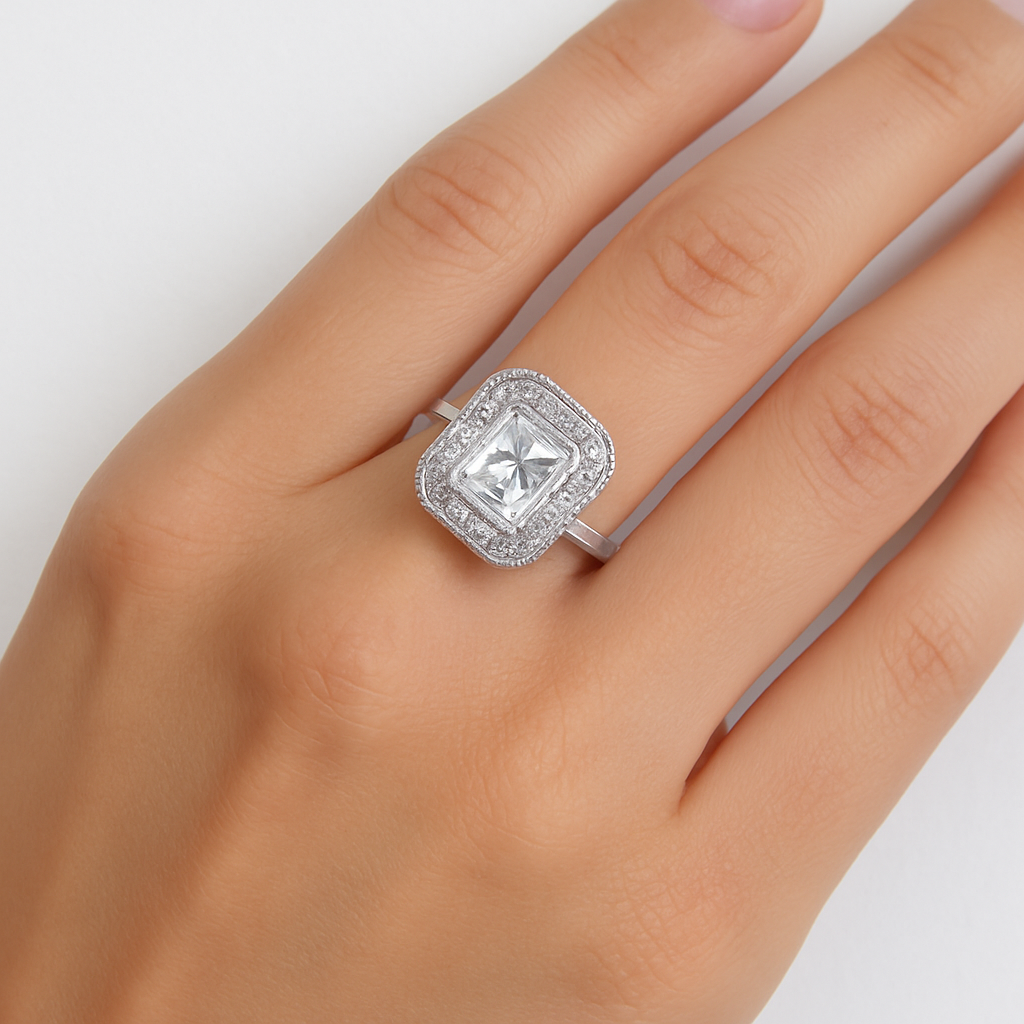 Inel Elegant din Argint 925 cu Piatra Patrata Tip Diamant, Stil Vintage, Mărime 18