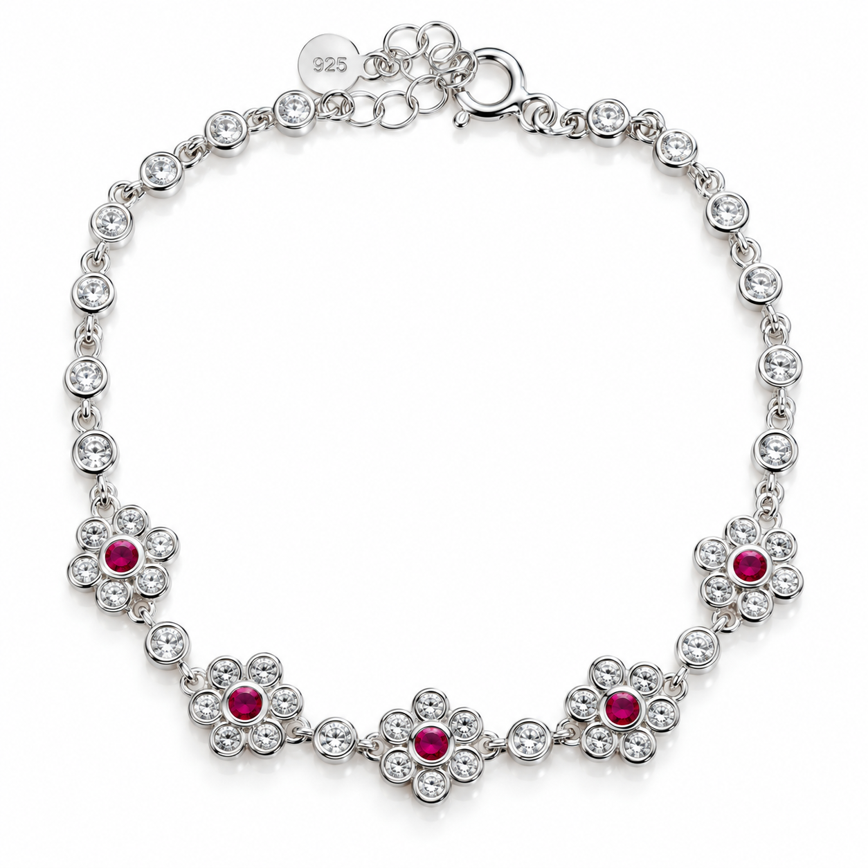 Brățară „Rubina Floris” din Argint 925 cu Flori și Pietre Roșii – Zirconii Strălucitoare, 17+3 cm. BD383