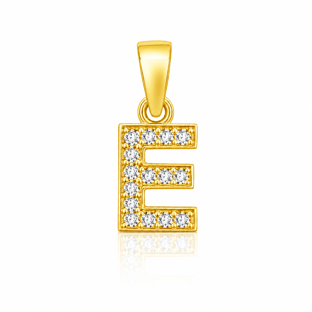 Pandantiv cu Inițiala E Placat cu Aur 14K din Argint 925 și Zirconii – Literă E Elegantă, 1 cm, 0.76 g, Bijuterie Personalizată pentru Femei