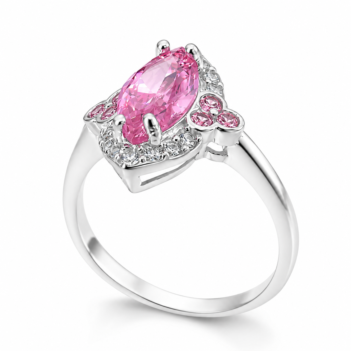 Inel „Amélie” din Argint 925 cu Piatră Roz Marchiză și Accente Florale – Eleganță Feminină, cca. 3 g