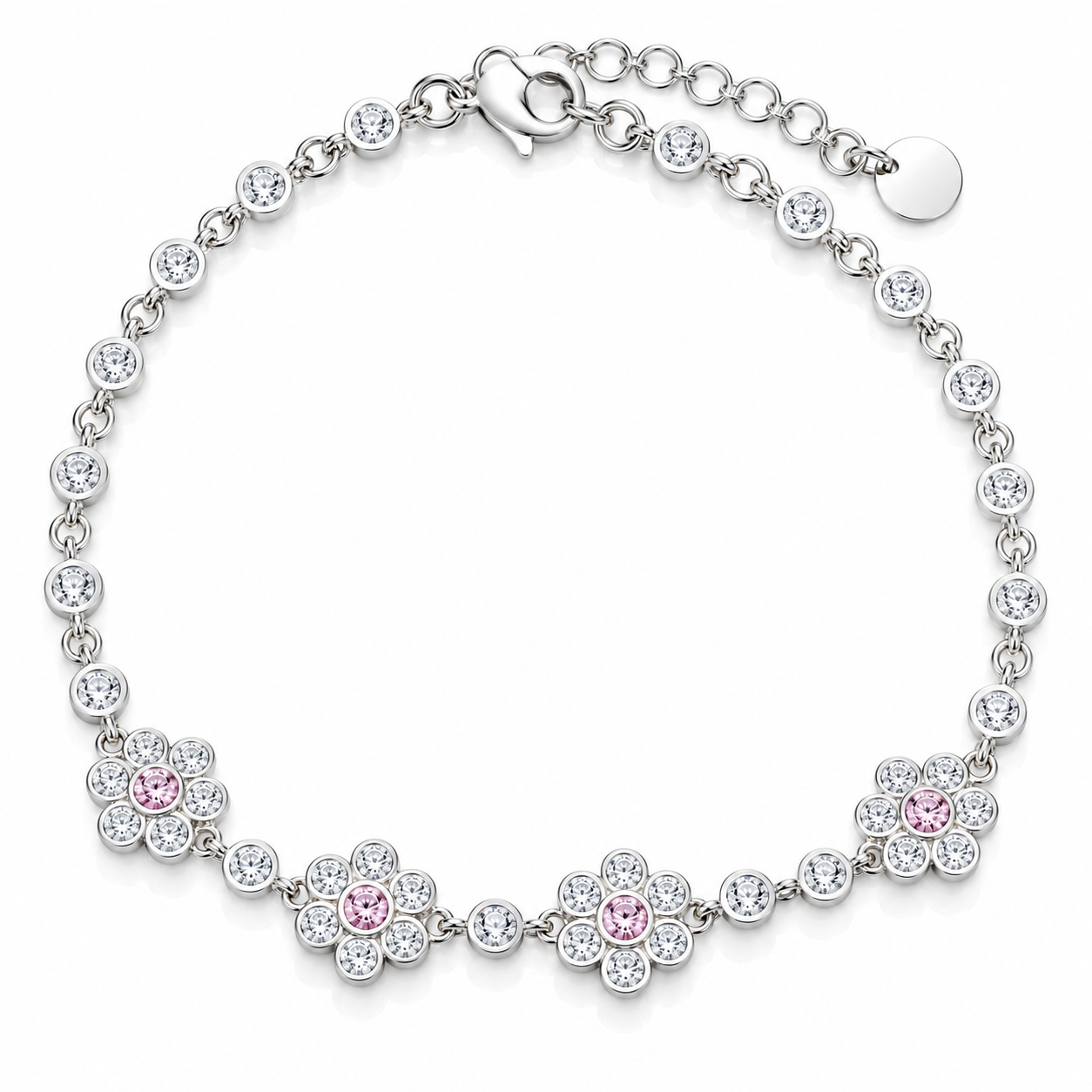 Brățară Damă „Floare de Lumină” din Argint 925 cu Pietre Roz Light Pink și Zirconii Albe – 15+3 cm, 4,84 g. BD383