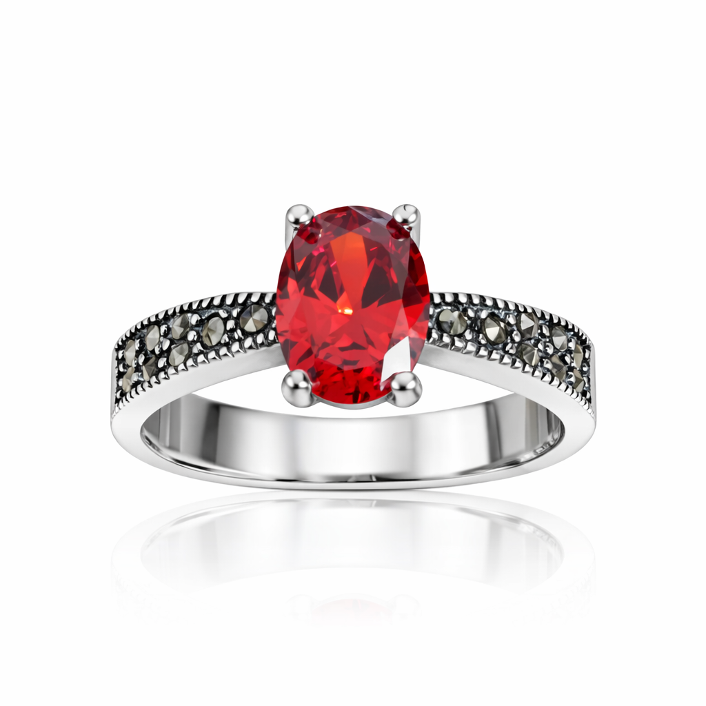 Inel Imperial Ruby Night – Argint 925 cu Marcasite și Piatră Roșie Ovală. ID514