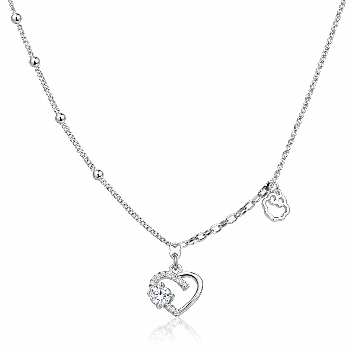 Colier Inimă cu Cristal și Charm Lăbuță din Argint 925 – 40+5 cm, Bijuterie Simbolică pentru Iubitorii de Animale