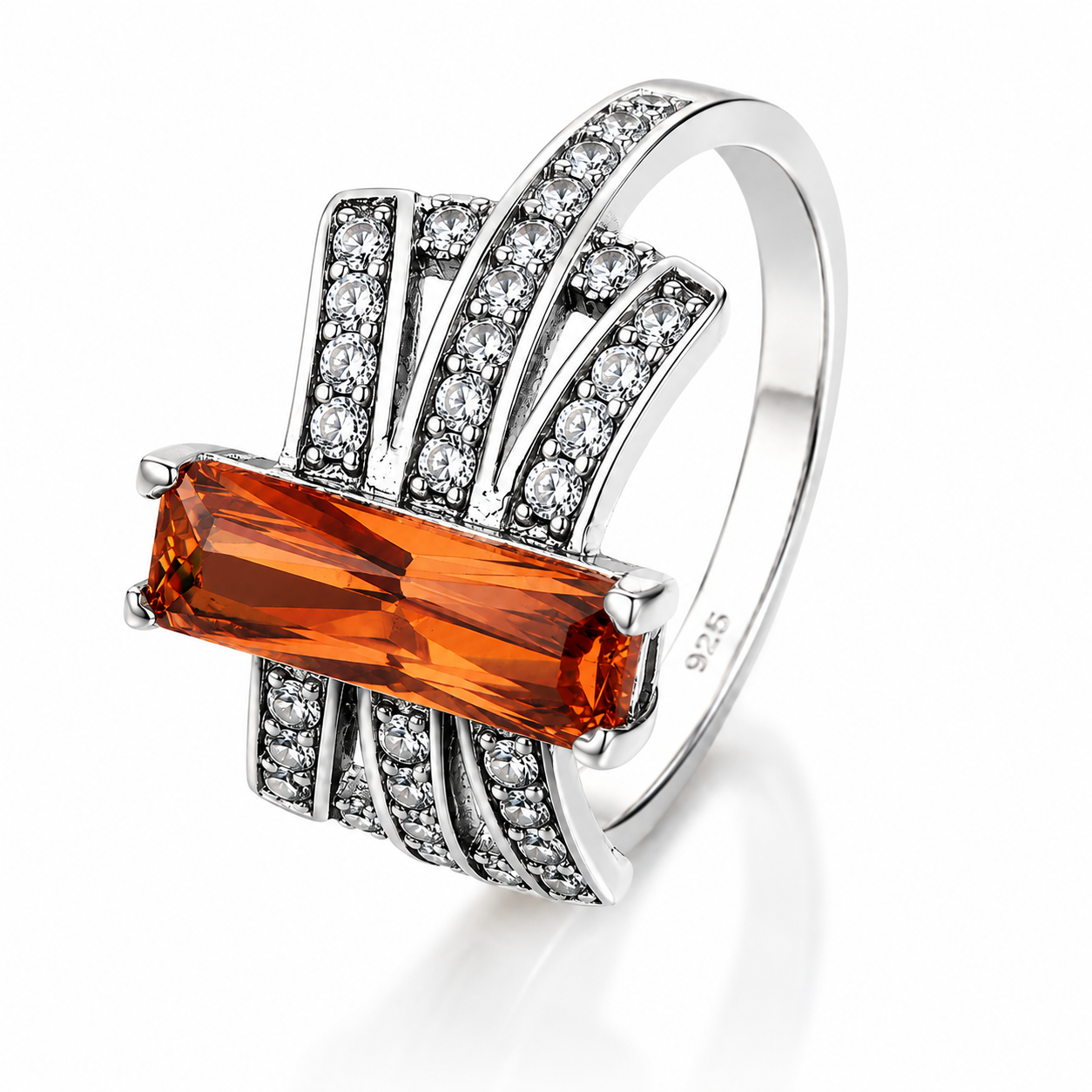 Inel din Argint 925 „Flacăra de Chihlimbar” – Cristal Portocaliu și Zirconii Strălucitoare ID558