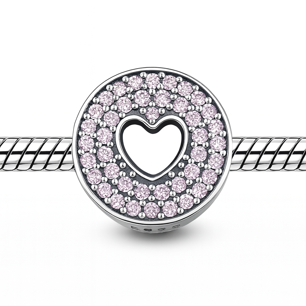 Bijuterie charm argint 925 cu design inimă și pietre roz strălucitoare