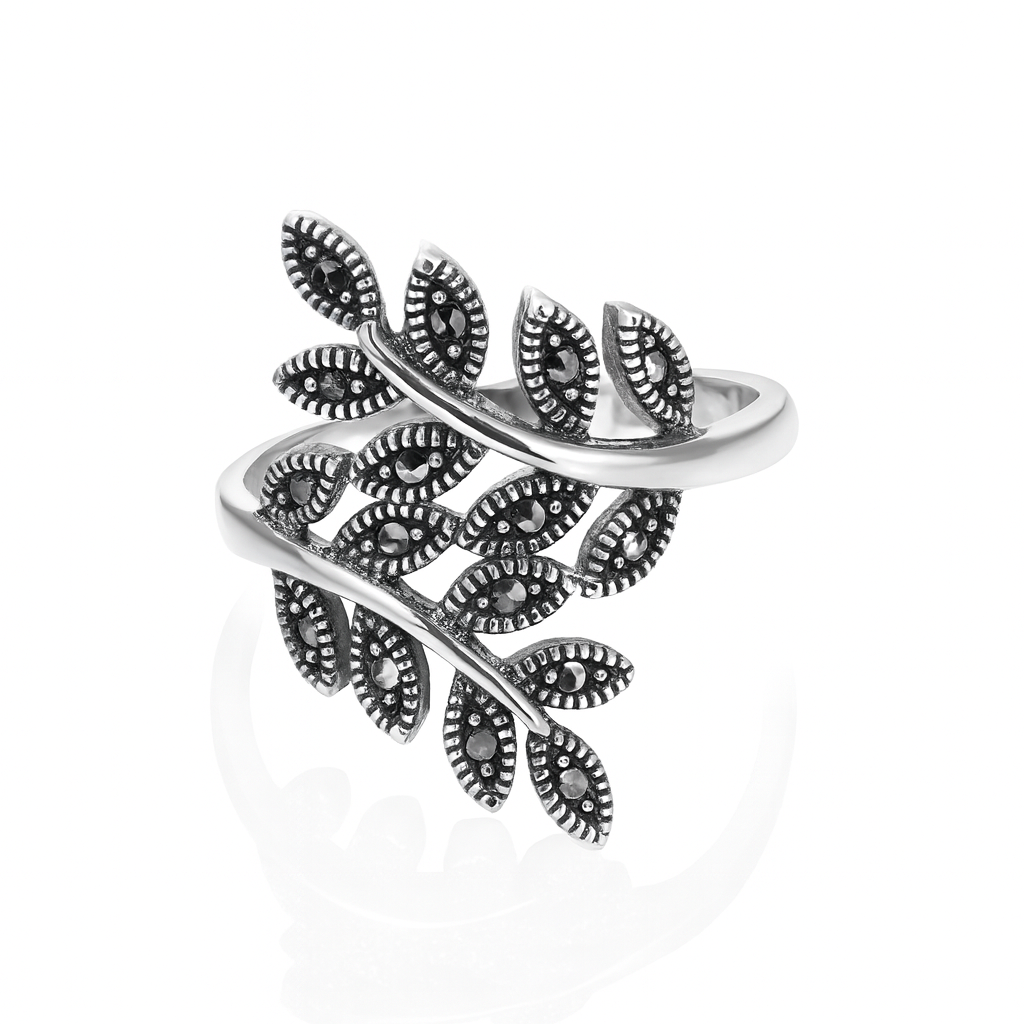 Bijuterie din argint cu marcasite, inel decor frunză 2.5x2 cm, design rafinat