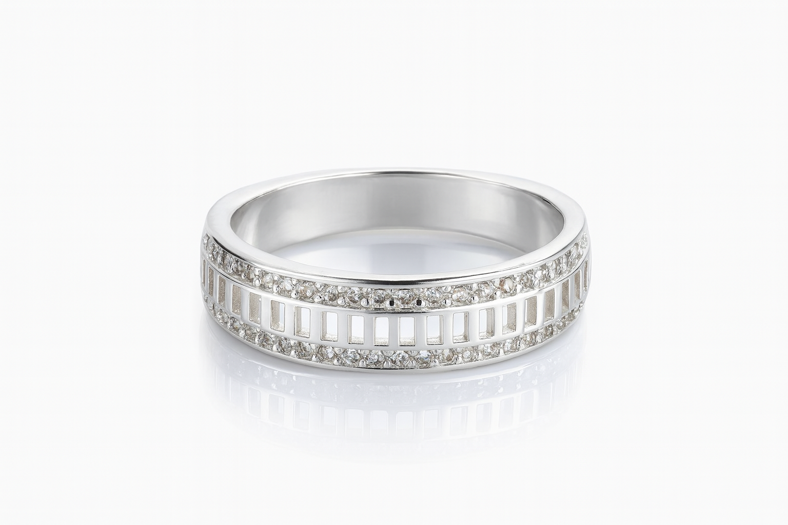 Bijuterie elegantă din argint 925, inel lucios cu două rânduri de pietre zirconia, ideal pentru femei rafinate