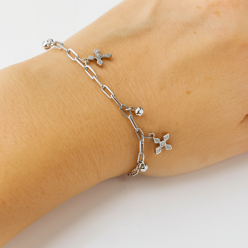 Brățară ajustabilă din argint 925, 16+4 cm, design cu cruciulițe și biluțe strălucitoare – bijuterii damă premium