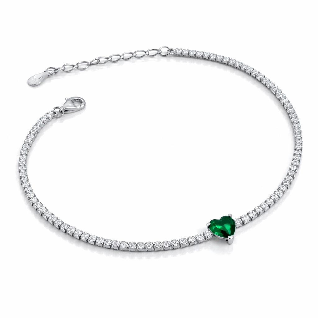 Brățară fină din argint 925 cu zirconii și simbol inimă verde, ideală ca accesoriu sau cadou.