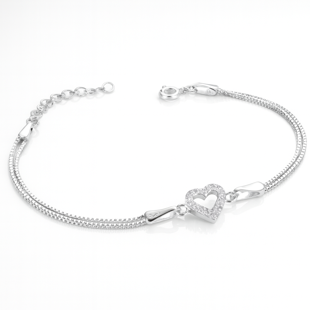 Brățară din argint 925 cu fir dublu și pandantiv inimă cu zirconiu – Infinity Bijoux
