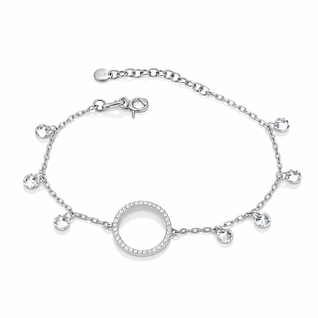 Brățară din argint 925 rodiat cu cerc strălucitor și charmuri delicate, model reglabil 16+3 cm