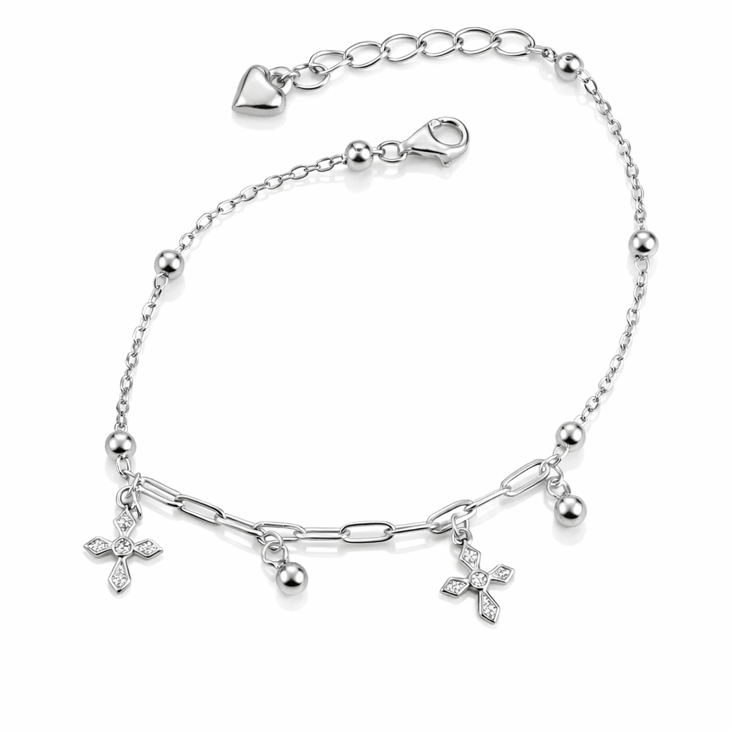 Brățară din argint 925 rodiat cu crucifixuri și biluțe, design elegant, lungime reglabilă 16+4 cm