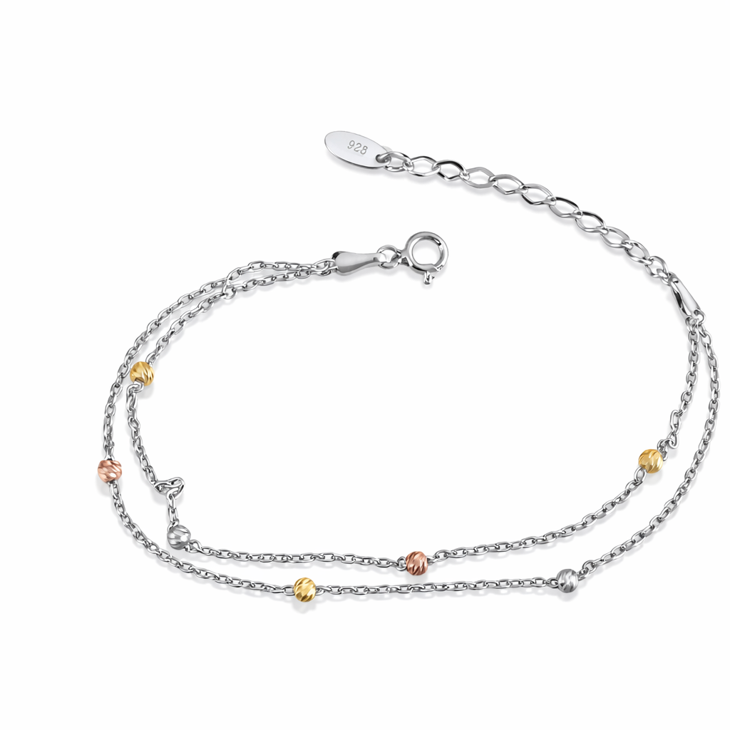Brățară din argint 925 rodiat cu două fire și bile tricolore, lungime ajustabilă 16–20 cm