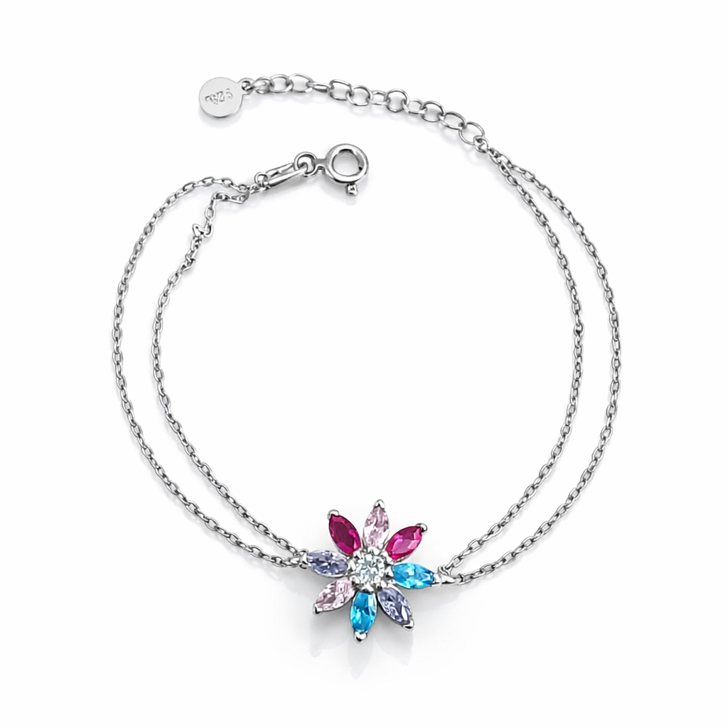 Brățară din argint 925 rodiat cu floare multicoloră și fir dublu, model elegant pentru femei