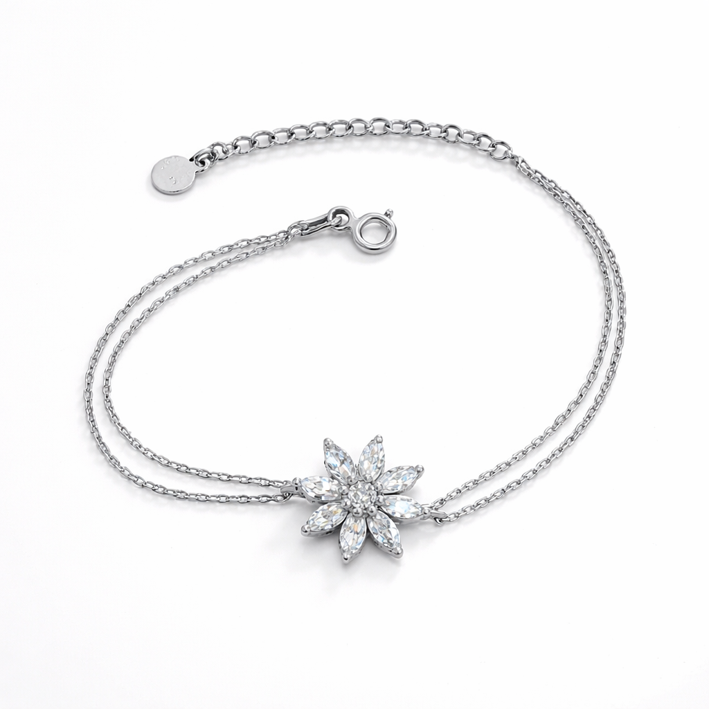 Brățară din argint 925 rodiat cu floare zirconia, model elegant pentru dame