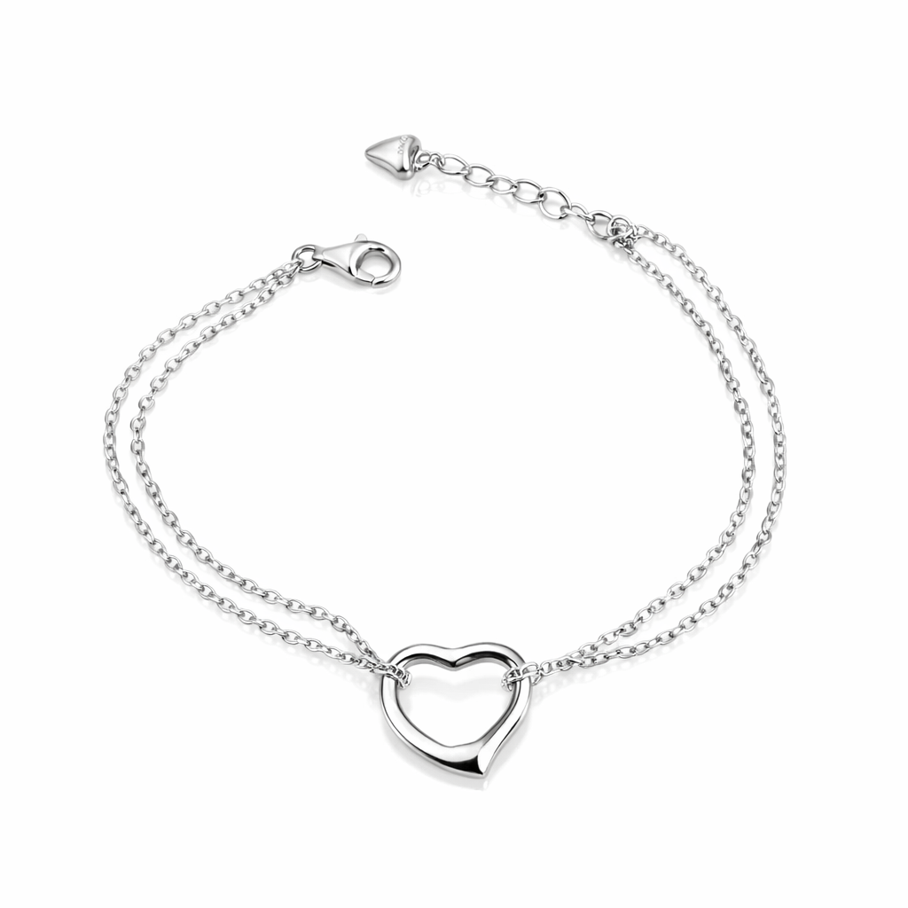 Brățară din argint 925 rodiat cu inimă, design pe două fire duble, lungime ajustabilă 17+3 cm