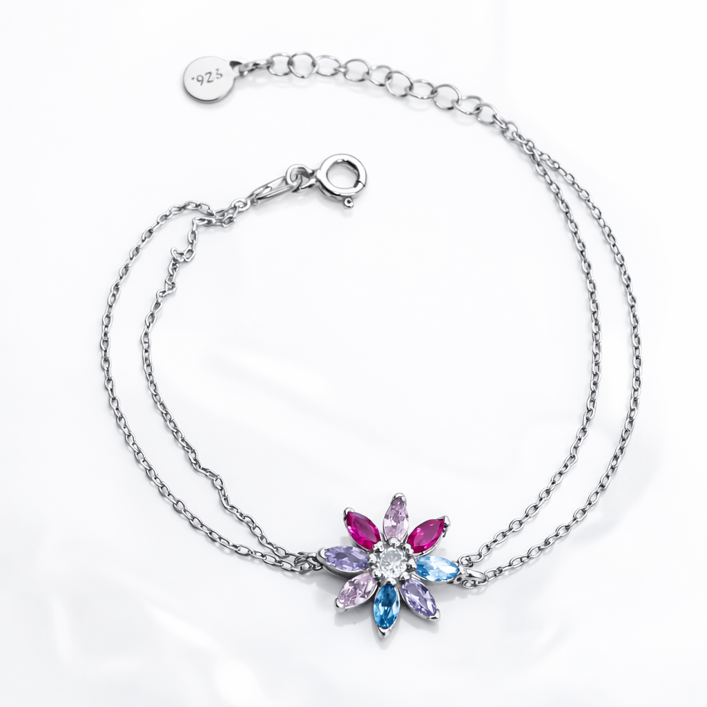 Brățară elegantă din argint 925 rodiat cu floare colorată, accesoriu stilat pentru cadou