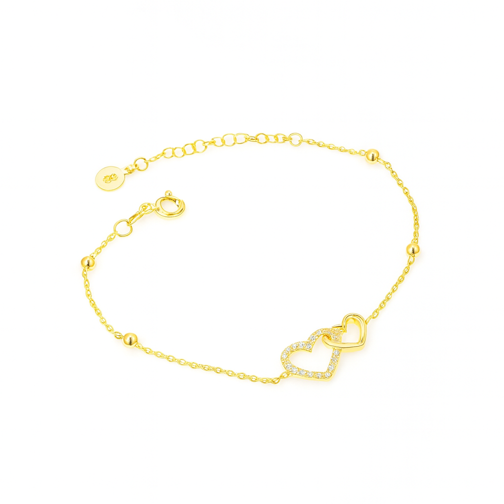 Brățară fină cu două inimi, argint 925 placat cu aur 14K, accesoriu simbol al iubirii și conexiunii
