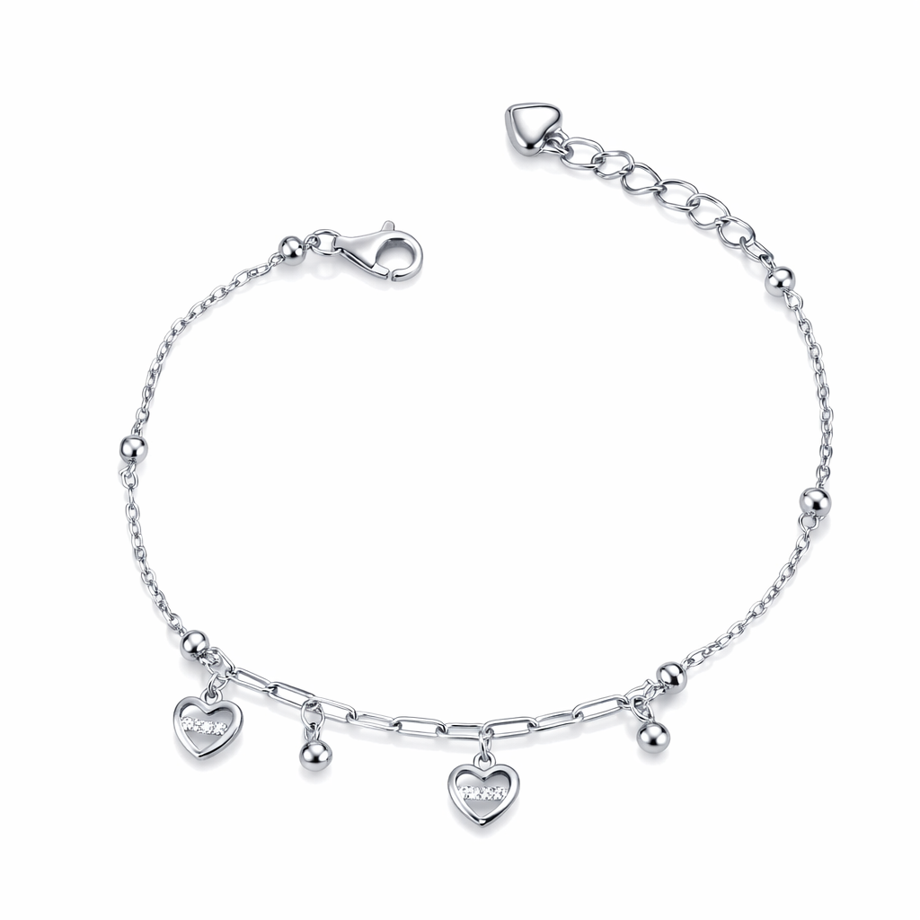 Brățară fină din argint 925 rodiat cu pandantive inimă și elemente decorative, accesorii damă premium