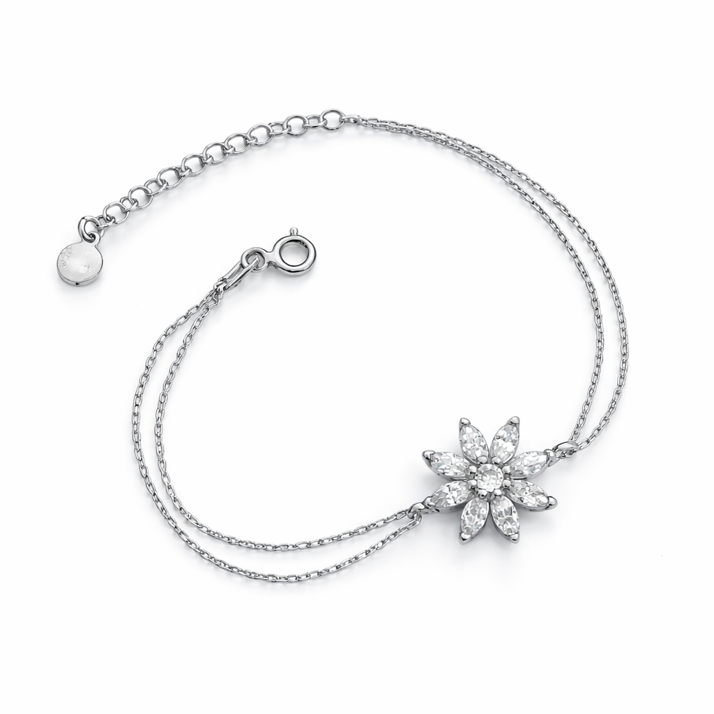 Brățară florală din argint 925 cu dublu lanț și element central de 1.5 cm