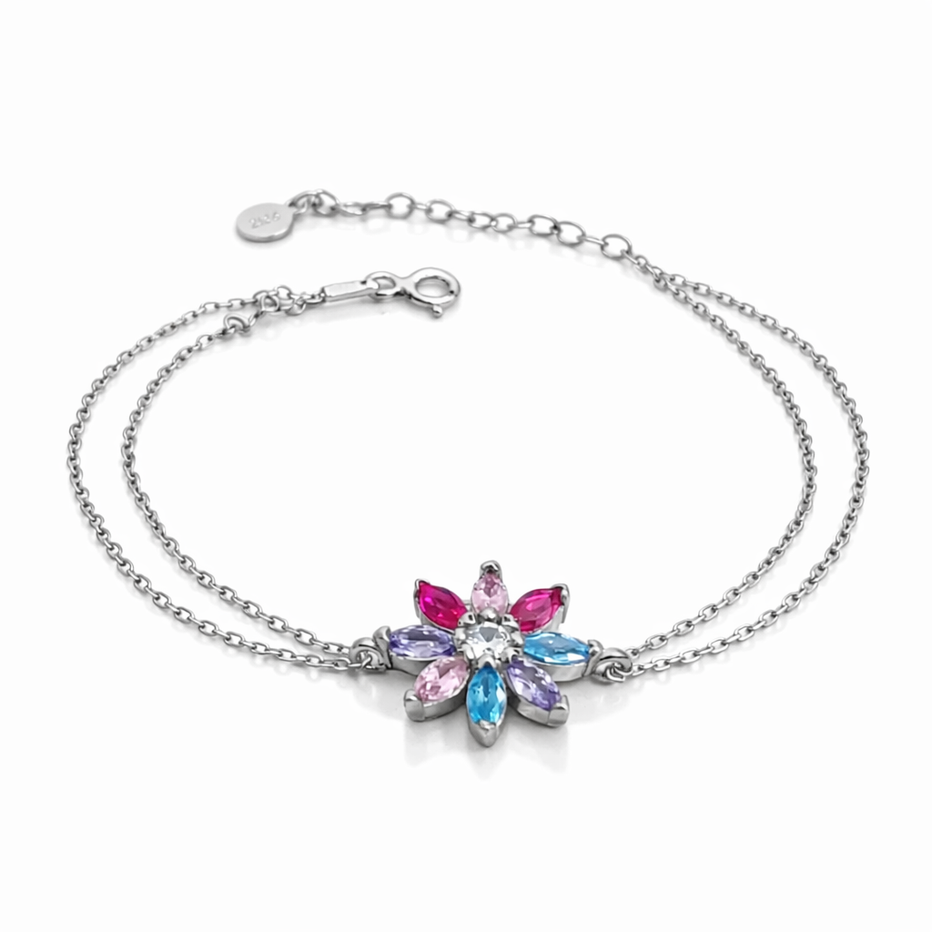 Brățară flori multicolore din argint 925 cu element central de 1.5 cm și lanț dublu fin