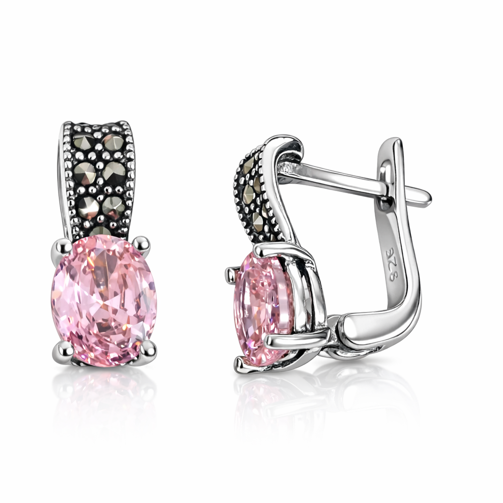 Cercei argint 925 cu piatră roz ovală și marcasite, bijuterie cadou pentru femei