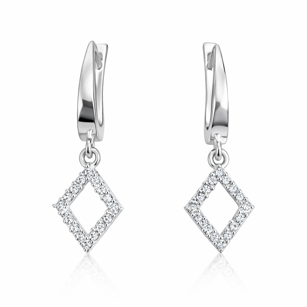 Cercei din argint 925 cu pandantiv romb și zirconii albe, design geometric elegant, finisaj lucios