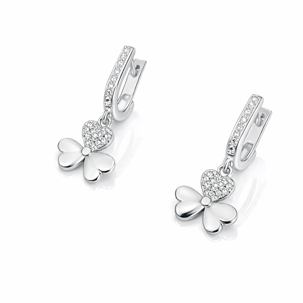Cercei din argint 925 cu trifoi și inimă, model elegant cu zirconii – Infinity Bijoux
