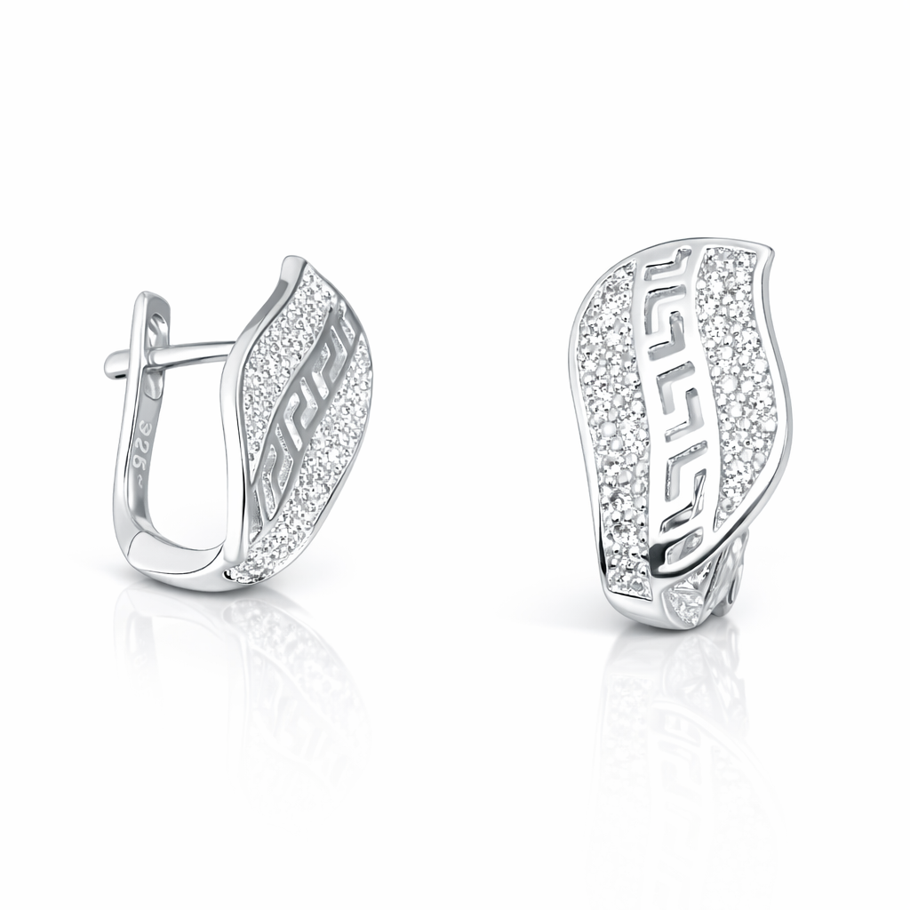 Cercei din argint 925 cu zirconii și model grecesc, design elegant cu închidere tortiță