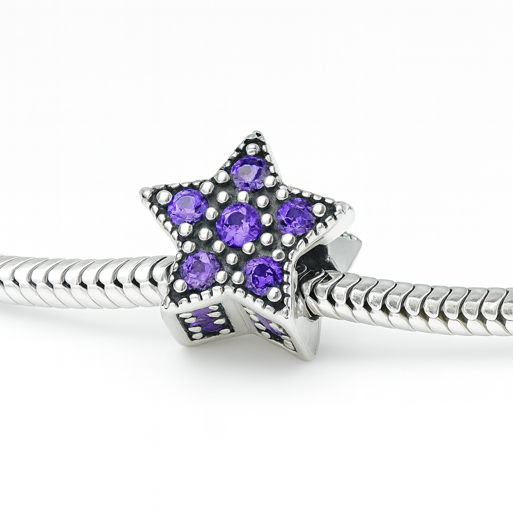 Charm argint 925 în formă de stea cu cristale mov, bijuterie pentru brățări Pandora Moments