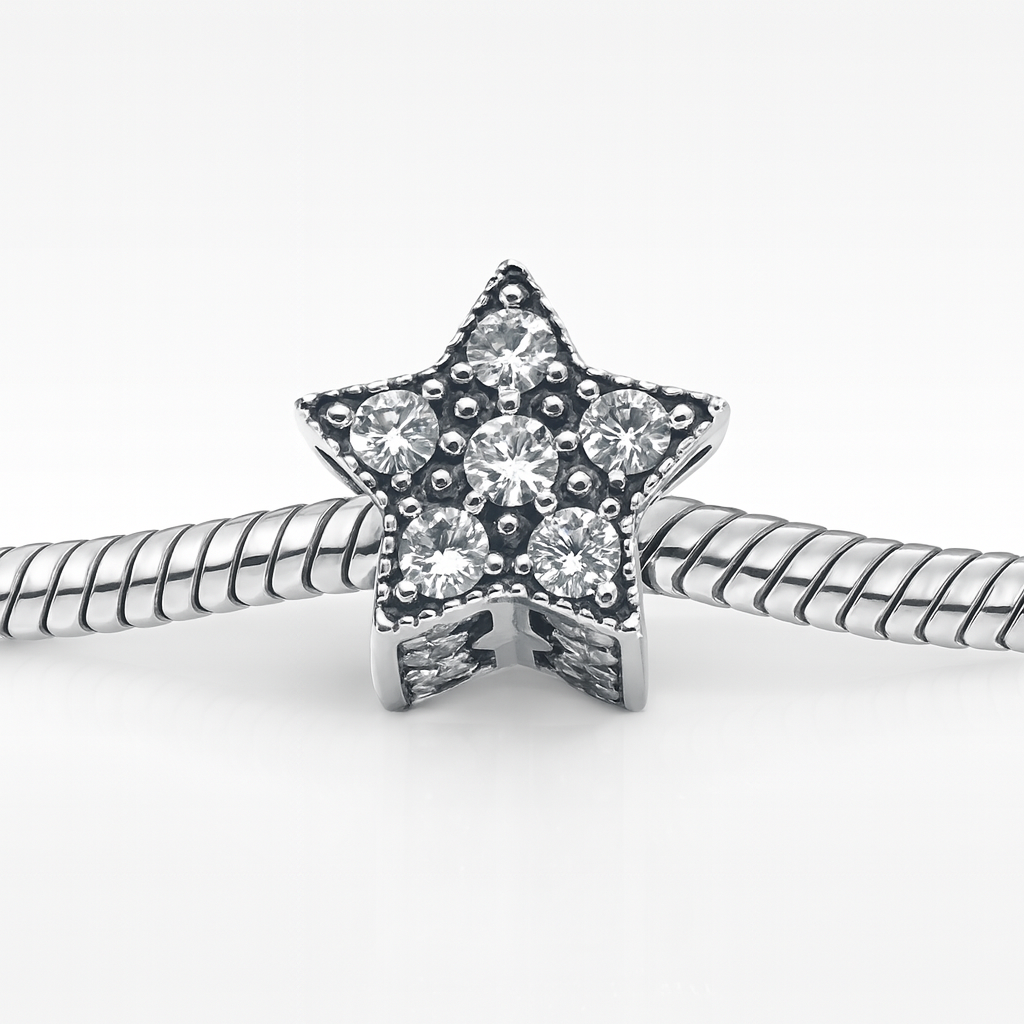 Charm argint 925 în formă de stea, decorat cu zirconii, accesoriu elegant pentru brățări Pandora