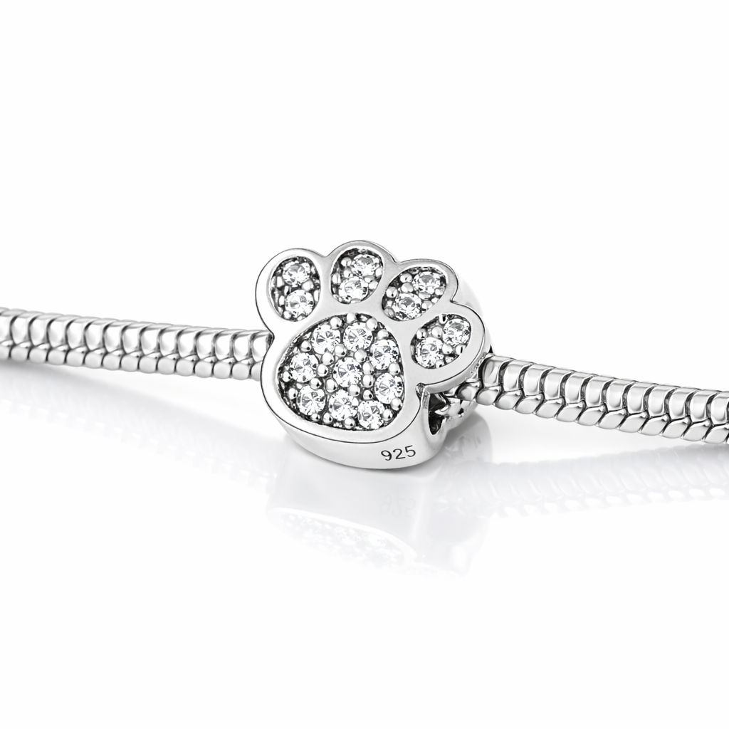 Charm compatibil Pandora din argint 925, lăbuță decorată cu zirconii, finisaj lucios