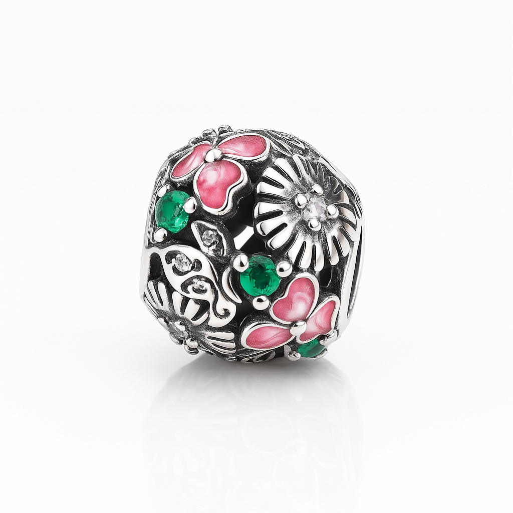 Charm din argint 925 cu flori email roz și pietricele verzi, compatibil Pandora