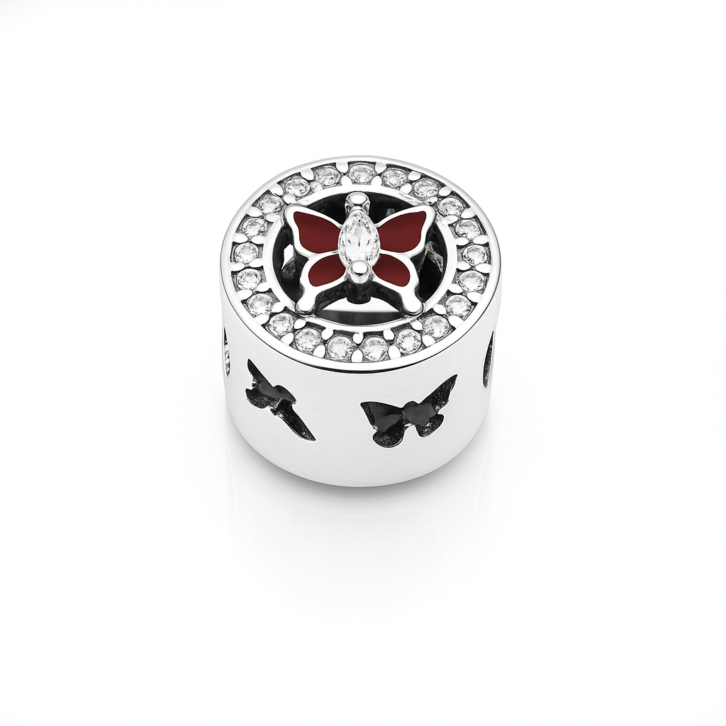 Charm din argint 925 cu fluture roșu și cristale, talisman decorativ pentru brățări tip charm