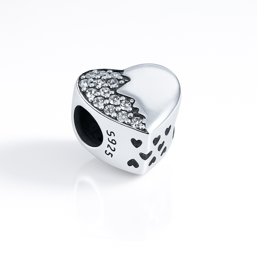 Charm inimă din argint 925 cu cristale, talisman compatibil Pandora – fotografie produs premium