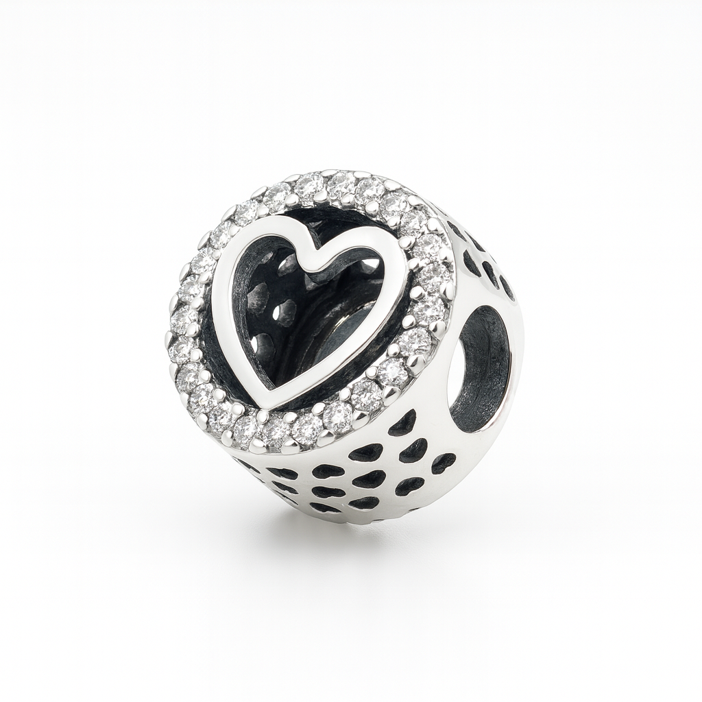 Charm inimă din argint 925 cu zirconii, model elegant pentru brățări tip Pandora