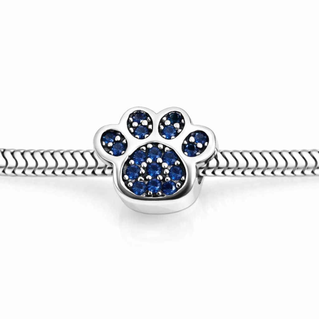 Charm labă câine din argint 925 cu pietre albastre strălucitoare, accesoriu elegant pentru brățări Pandora