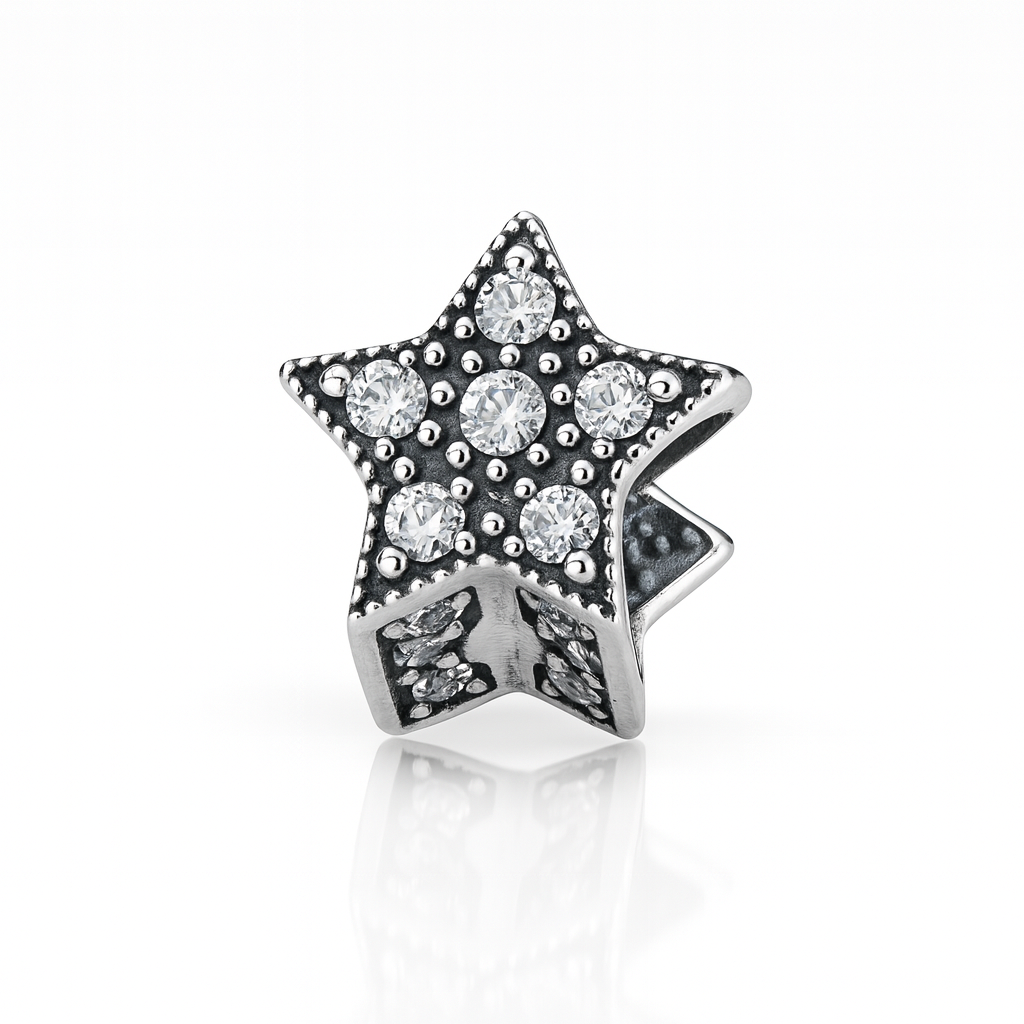 Charm stea din argint 925 cu zirconii strălucitoare, compatibil brățară Pandora, bijuterie simbol al speranței