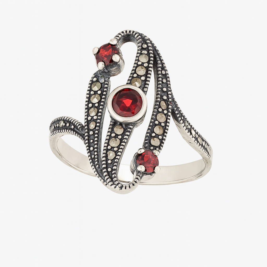 Inel argint 925 pietre rosii marcasite marimea 23