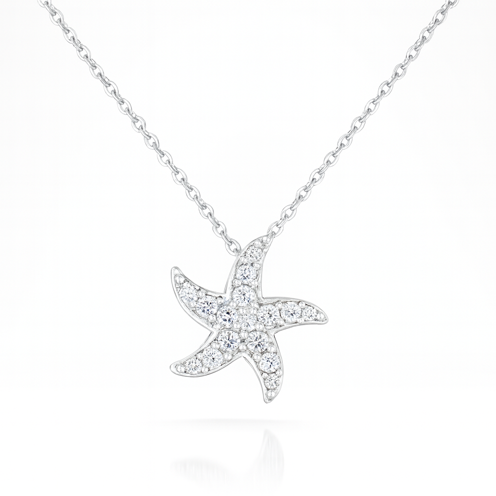 Colier din argint 925 cu pandantiv stea de mare și zirconii, lungime ajustabilă 41+5 cm