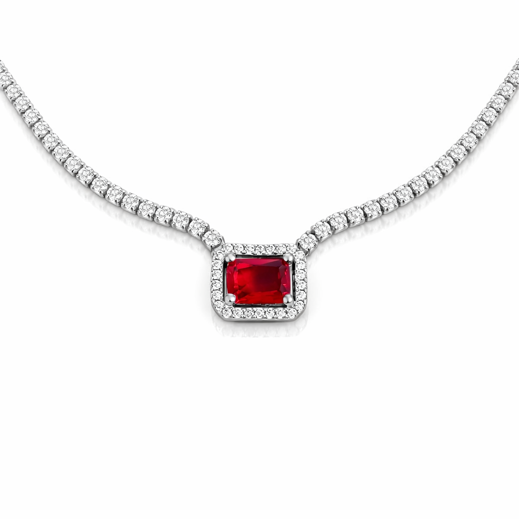 Colier elegant din argint 925 rodiat cu pandantiv dreptunghiular roșu