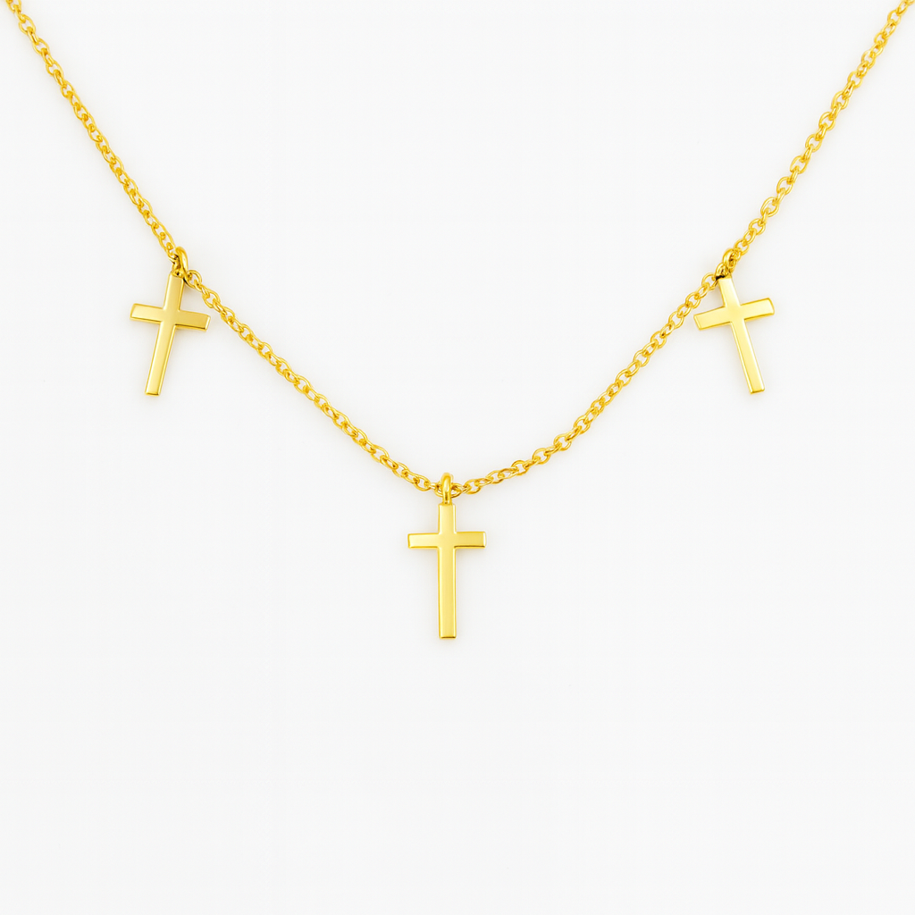 Colier religios cu trei cruci din argint 925 placat cu aur, lungime ajustabilă 40+6 cm