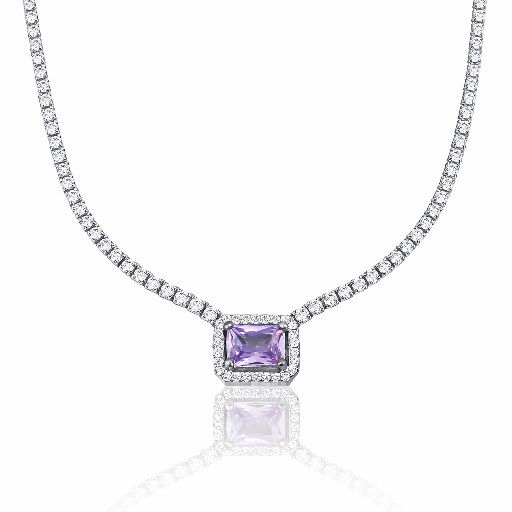 Colier tenis argint 925 dama cu cristal violet dreptunghiular, bijuterie premium cu finisaj rodiat