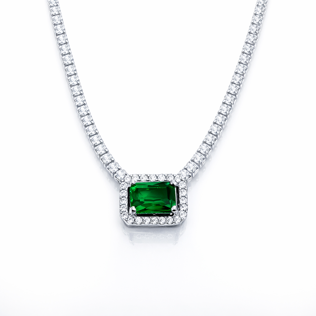 Colier tenis din argint 925 rodiat cu cristal verde rectangular 10x8 mm, bijuterie elegantă pentru femei